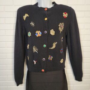 Vtg 80s J Christopher Black Beaded Brooch Cardigan Sweater Lambswool Maximalist